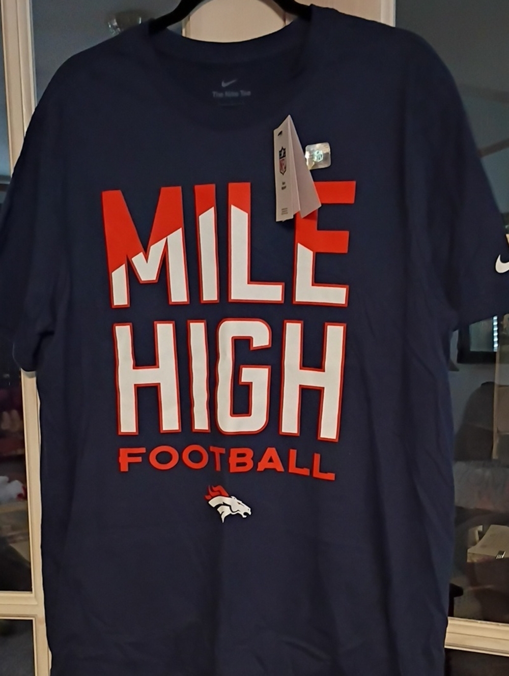 Nike Men’s Navy Blue ‘Mile High Football’ Graphic Tee with Red and White Print
